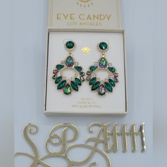 Eye Candy Earrings Luxe Gold Plated Glass Crystals Green Earrings #546 - Picture 5 of 12